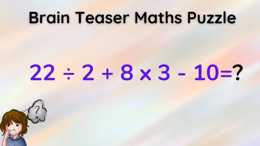 Brain Teaser Genius Maths Puzzle: Equate 22 ÷ 2 + 8 x 3 - 10=?